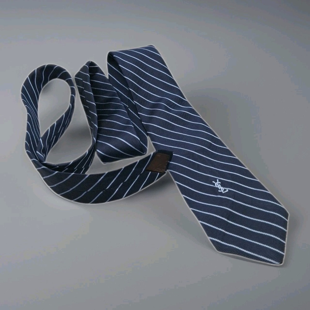 Vintage Yves Saint Laurent Silk Tie Navy Blue Embroidered YSL Monogram Logo 80s